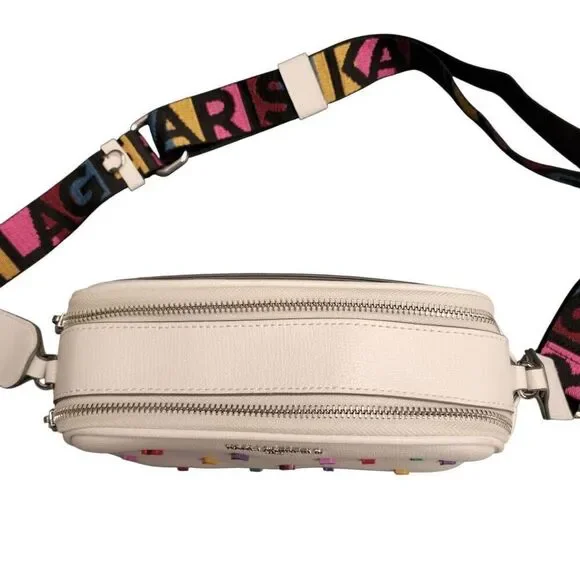 Karl Lagerfeld Colorful Lettered White Crossbody Bag w/ Signature Guitar Strap - Picture 7 of 12